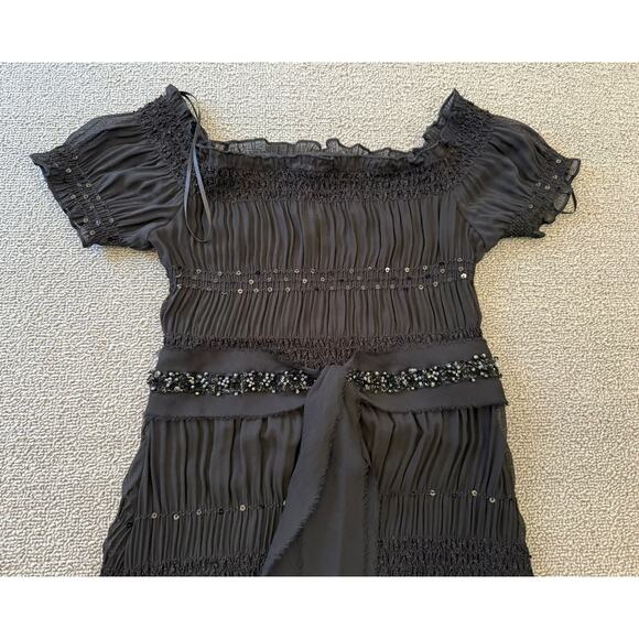 ABS Allen Schwartz Women XXS Sheer Black Sequin Beaded Tiered Ribbon Tie Dress‎ - Picture 7 of 14